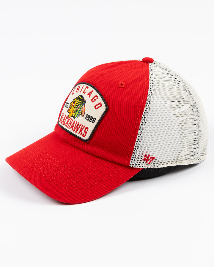 red and white '7 brand adjustable trucker with Chicago Blackhawks patch embroidered on front - left angle lay flat