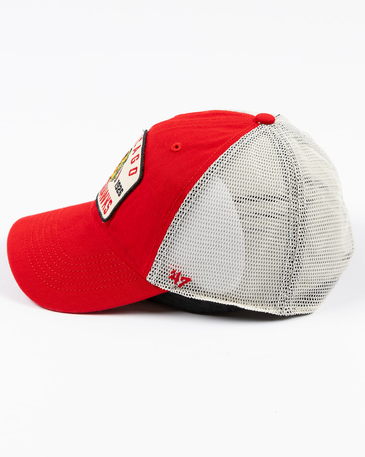 red and white '7 brand adjustable trucker with Chicago Blackhawks patch embroidered on front - left side lay flat