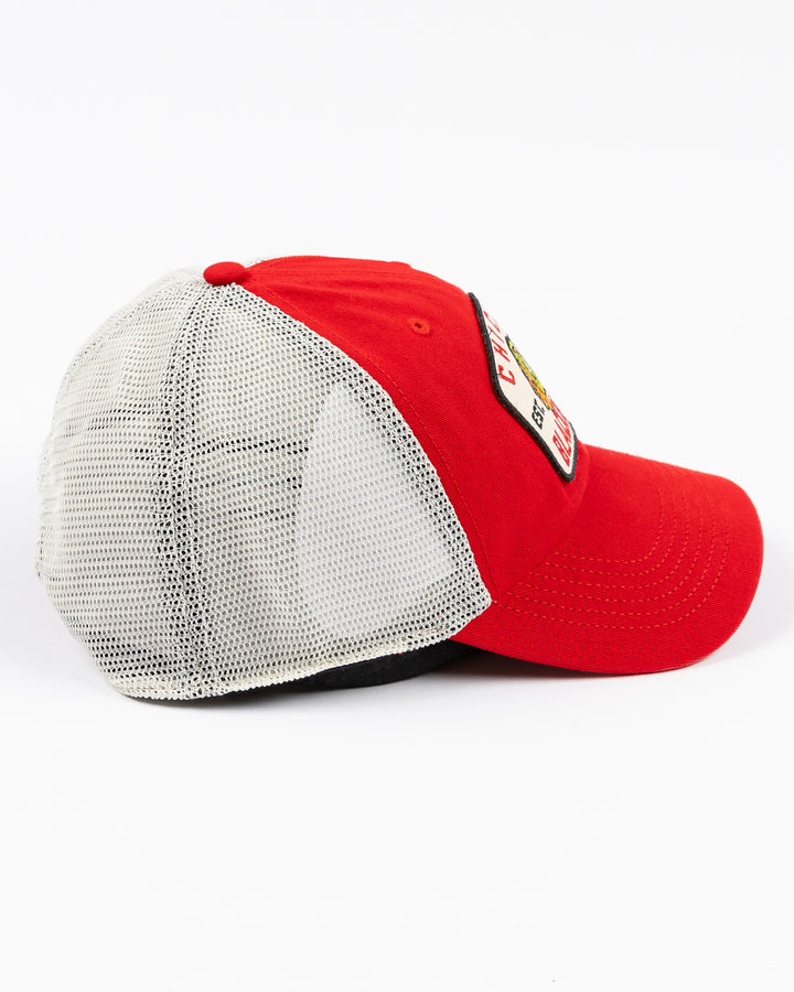 red and white '7 brand adjustable trucker with Chicago Blackhawks patch embroidered on front - right side lay flat