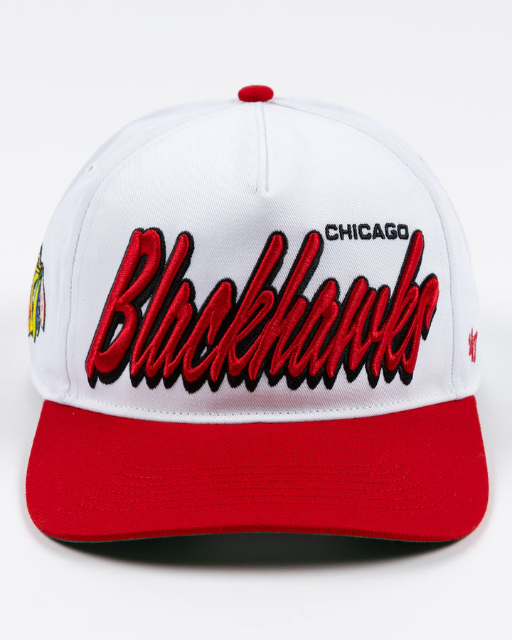 white and red adjustable '47 brand hat with Chicago Blackhawks wordmark embroidered on front and primary logo on right side - front lay flat