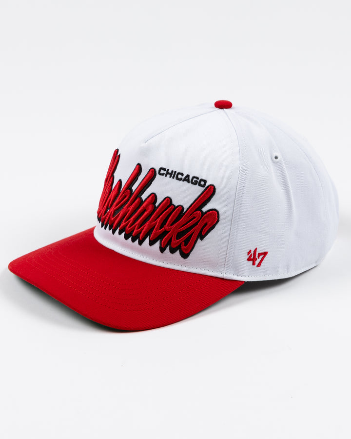 white and red adjustable '47 brand hat with Chicago Blackhawks wordmark embroidered on front and primary logo on right side - left angle lay flat