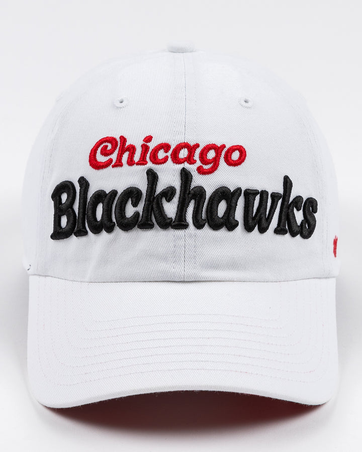 white adjustable '47 brand hat with Chicago Blackhawks wordmark embroidered on front - front lay flat