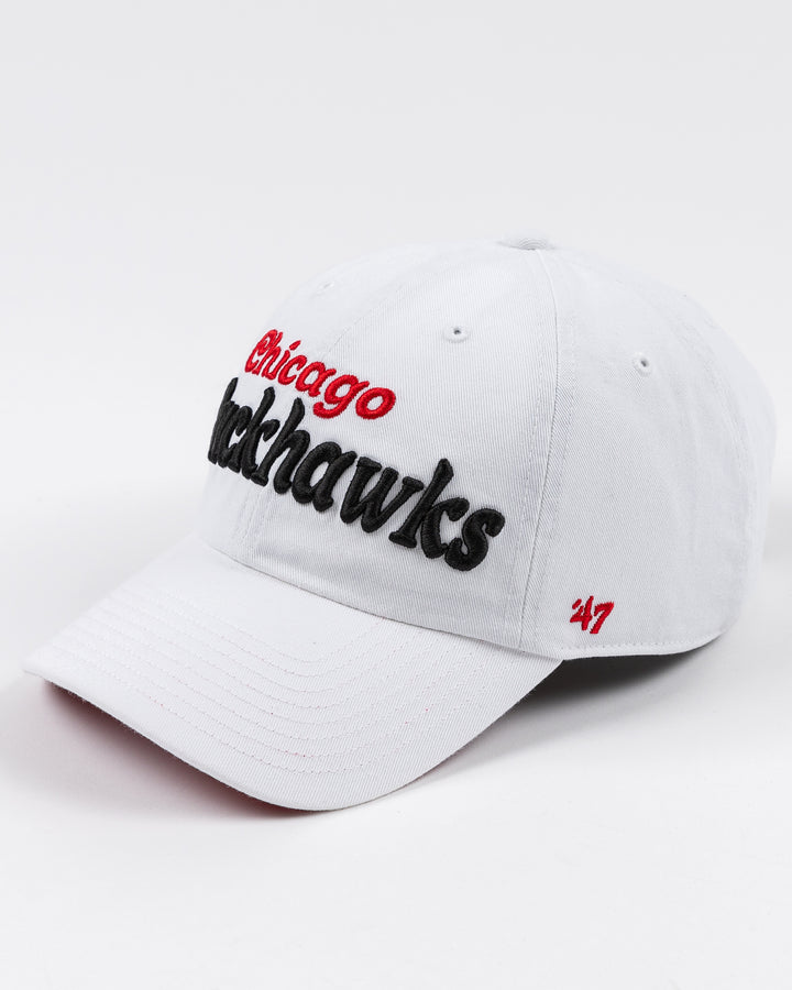 white adjustable '47 brand hat with Chicago Blackhawks wordmark embroidered on front - left angle lay flat