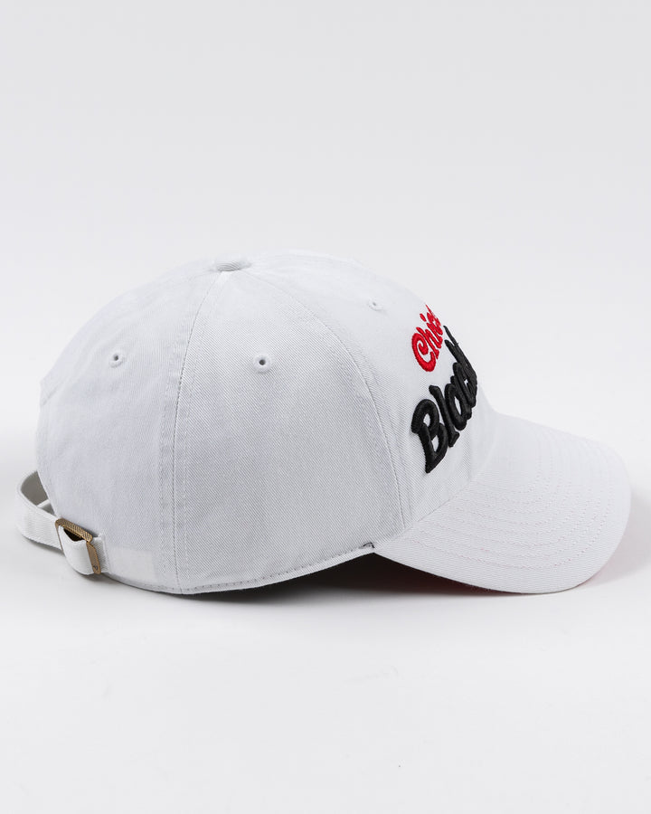 white adjustable '47 brand hat with Chicago Blackhawks wordmark embroidered on front - right side lay flat