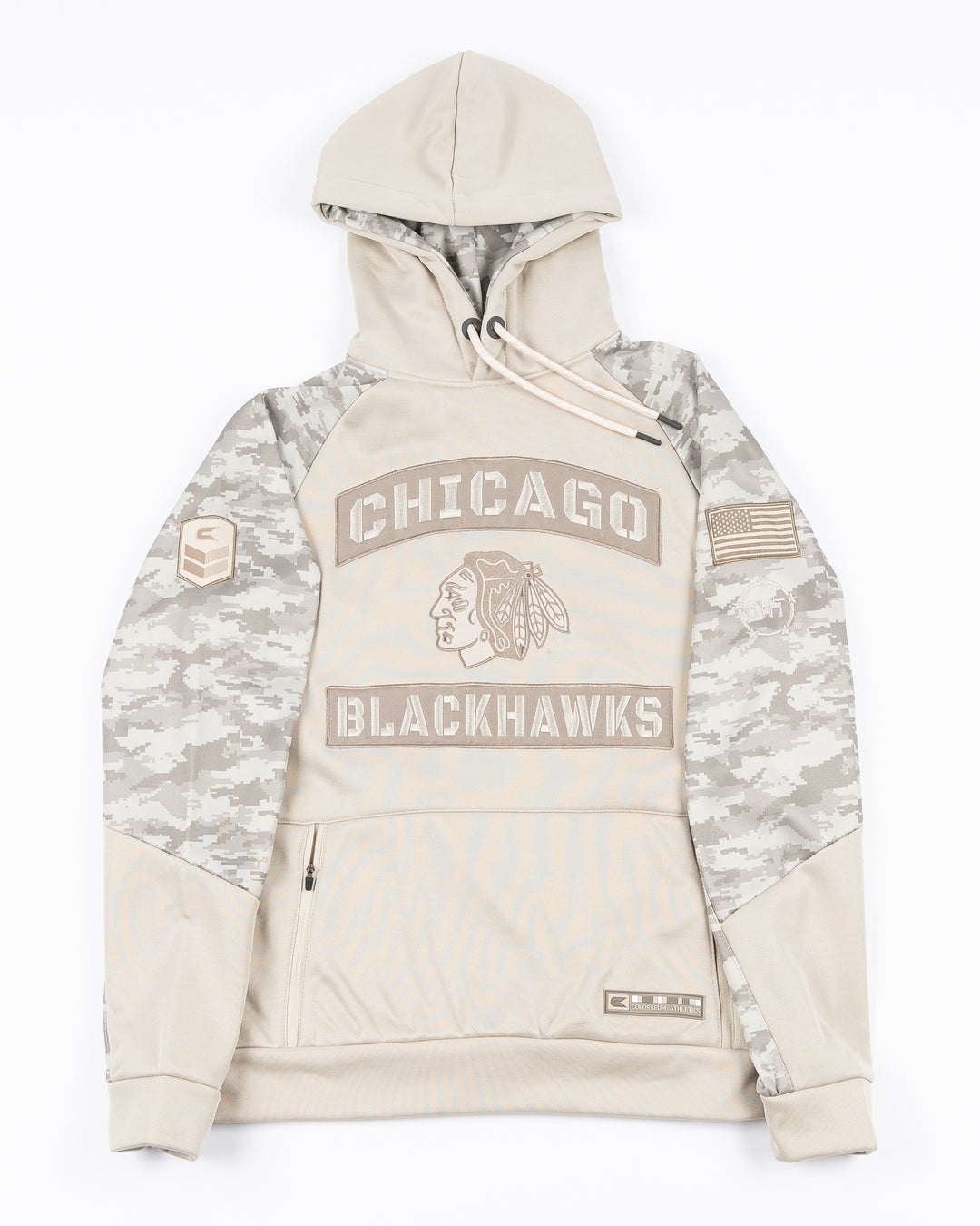 white and beige Colosseum OHT hoodie with Chicago Blackhawks primary logo and wordmark graphic on front and camo detailing on sleeves - front lay flat