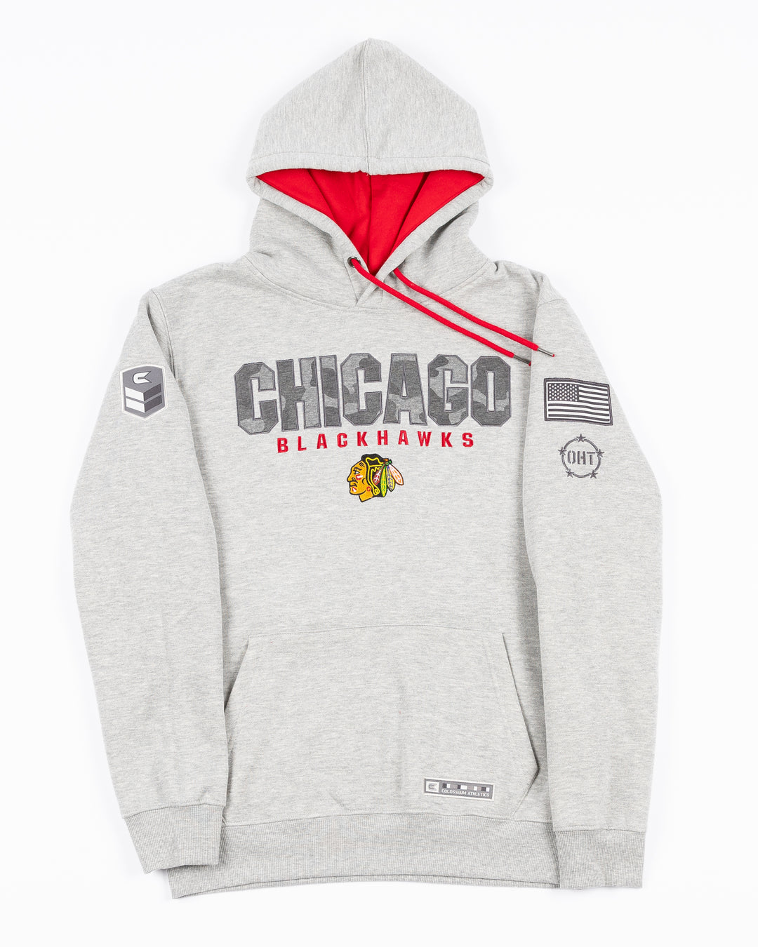 grey Colosseum OHT hoodie with Chicago Blackhawks wordmark in camo and primary logo on front and patches on sleeves - front lay flat