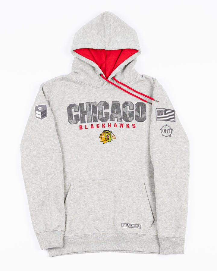 grey Colosseum OHT hoodie with Chicago Blackhawks wordmark in camo and primary logo on front and patches on sleeves - front lay flat