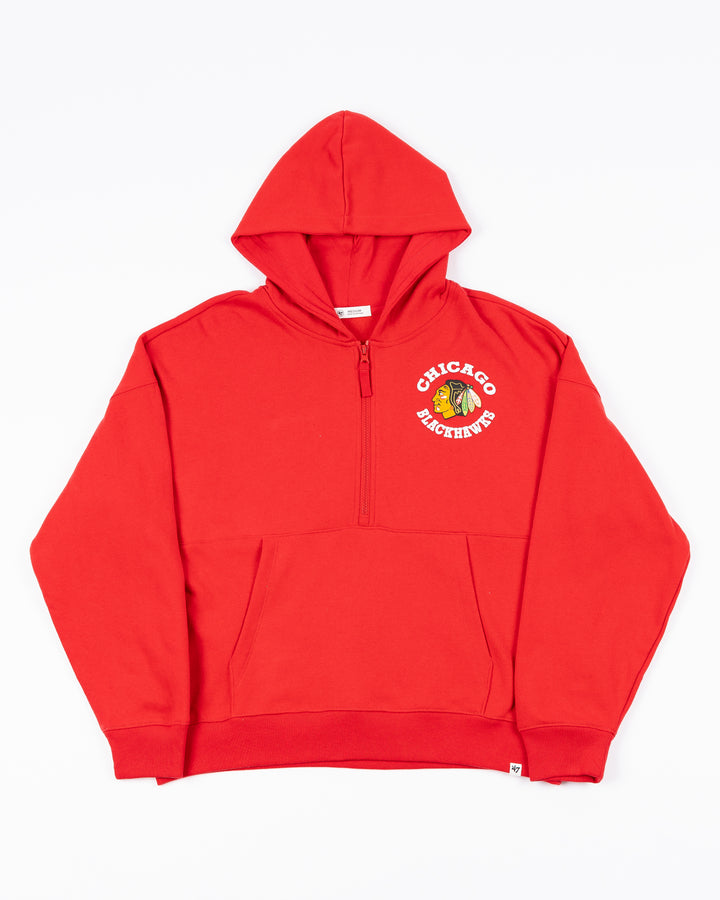 red ladies '47 brand hoodie with Chicago Blackhawks primary logo and wordmark on left chest and Blackhawks wordmark on back - front lay flat