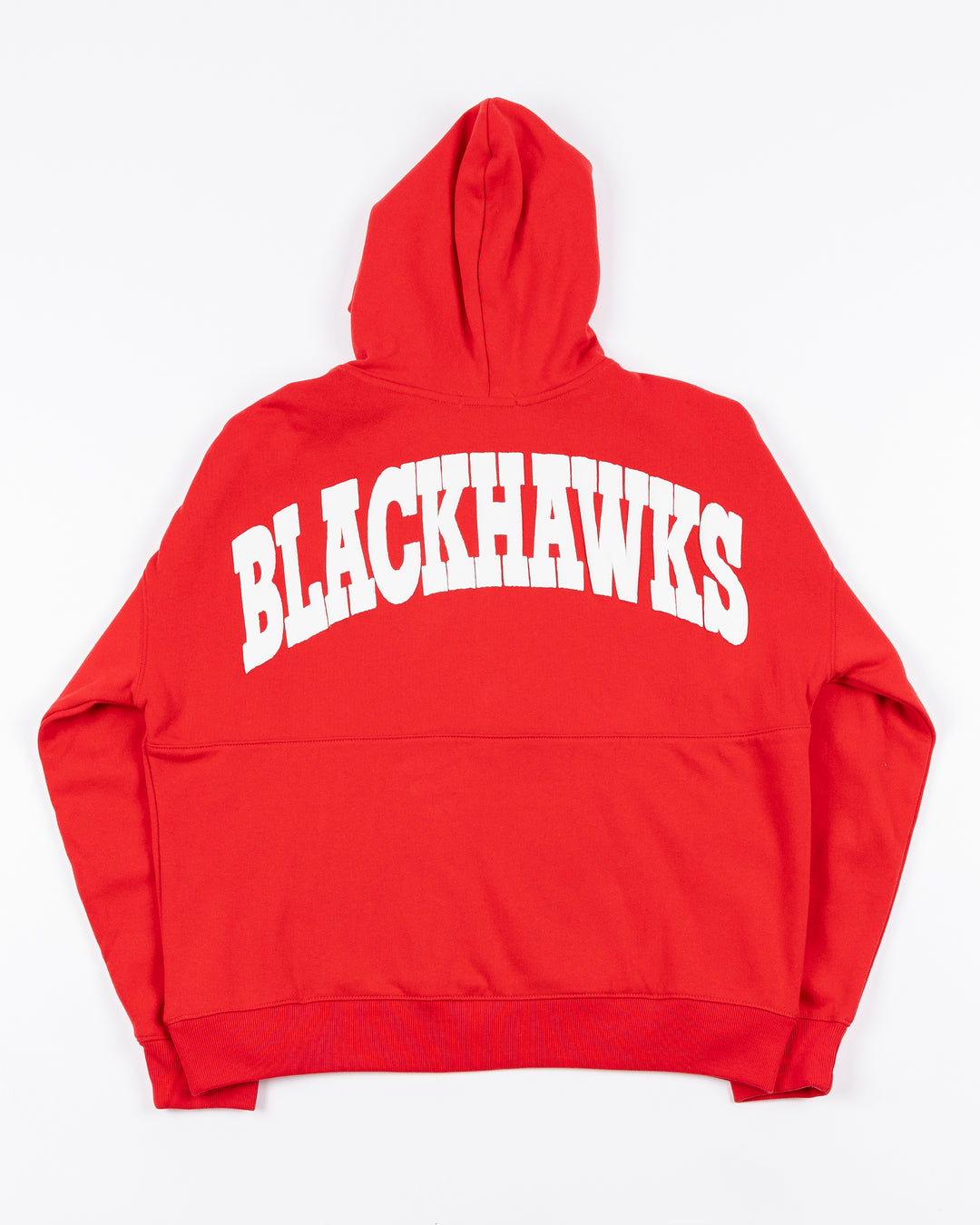 red ladies '47 brand hoodie with Chicago Blackhawks primary logo and wordmark on left chest and Blackhawks wordmark on back - back lay flat