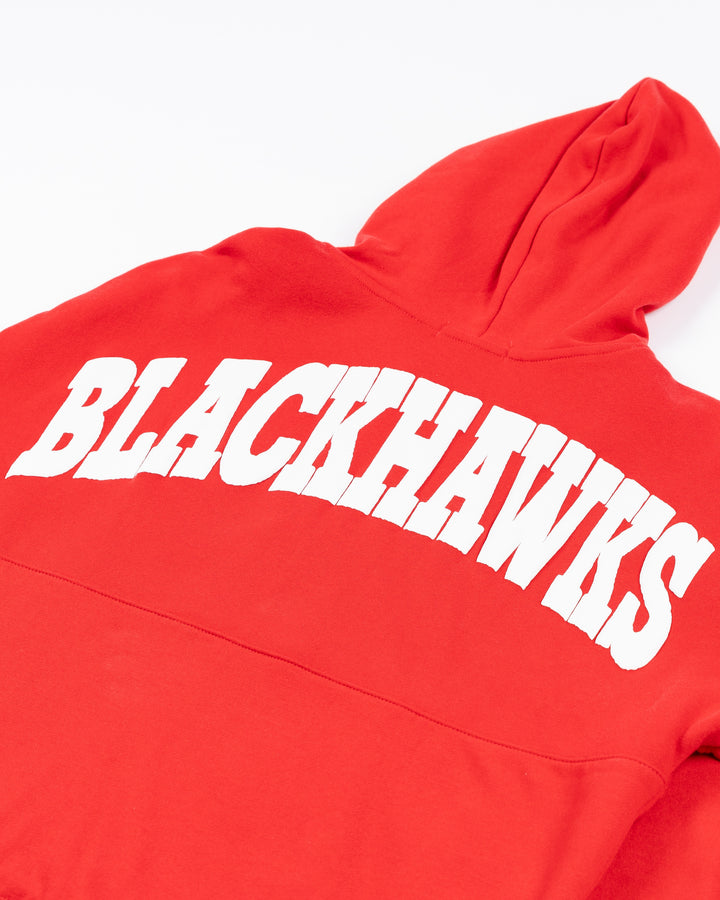 red ladies '47 brand hoodie with Chicago Blackhawks primary logo and wordmark on left chest and Blackhawks wordmark on back - back lay flat