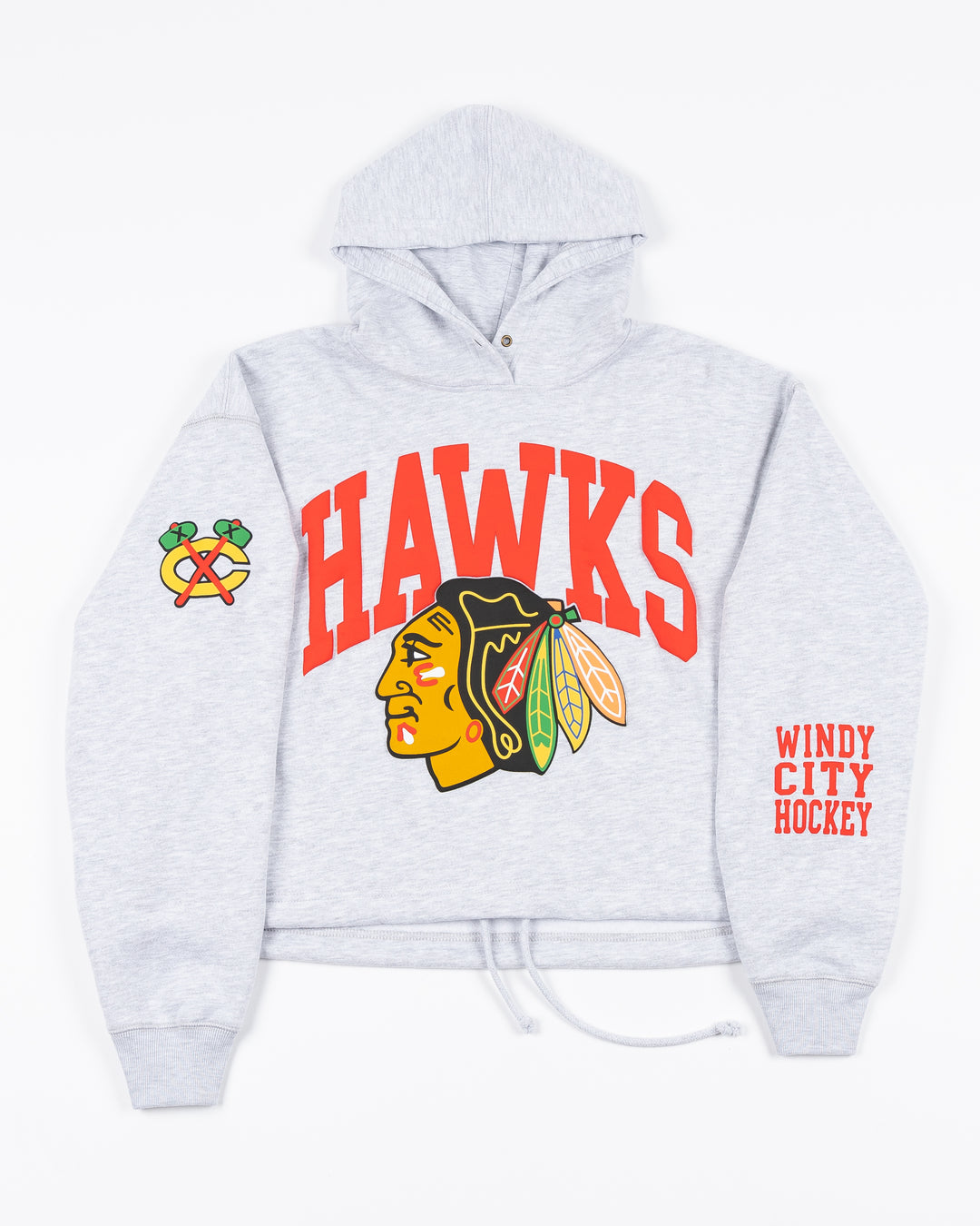 light grey women's '47 brand cropped hoodie with Chicago Blackhawks secondary logo on shoulder and wordmark and wrist with Hawks wordmark and primary logo on front - front lay flat