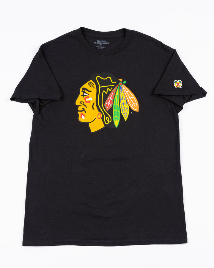 black short sleeve tee with Chicago Blackhawks primary logo printed on front and secondary logo on left shoulder - front lay flat