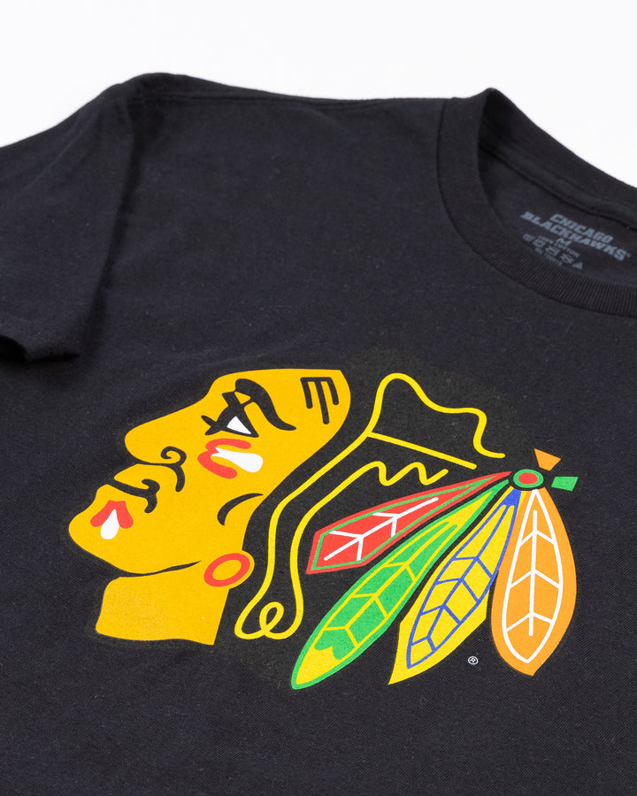 black short sleeve tee with Chicago Blackhawks primary logo printed on front and secondary logo on left shoulder - front detail lay flat