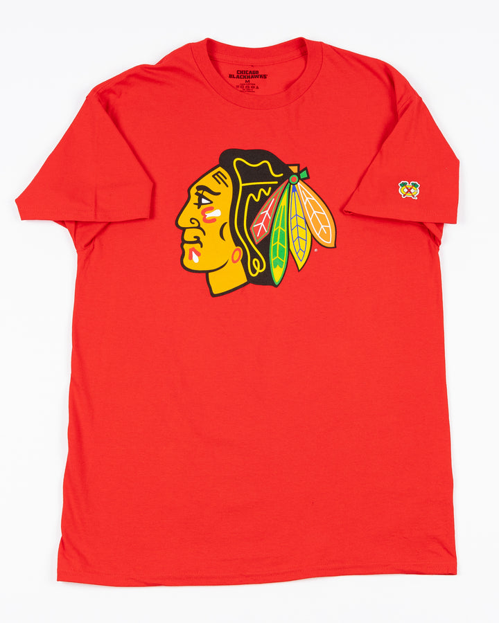 red short sleeve tee with Chicago Blackhawks primary logo printed on front and secondary logo on left shoulder - front lay flat