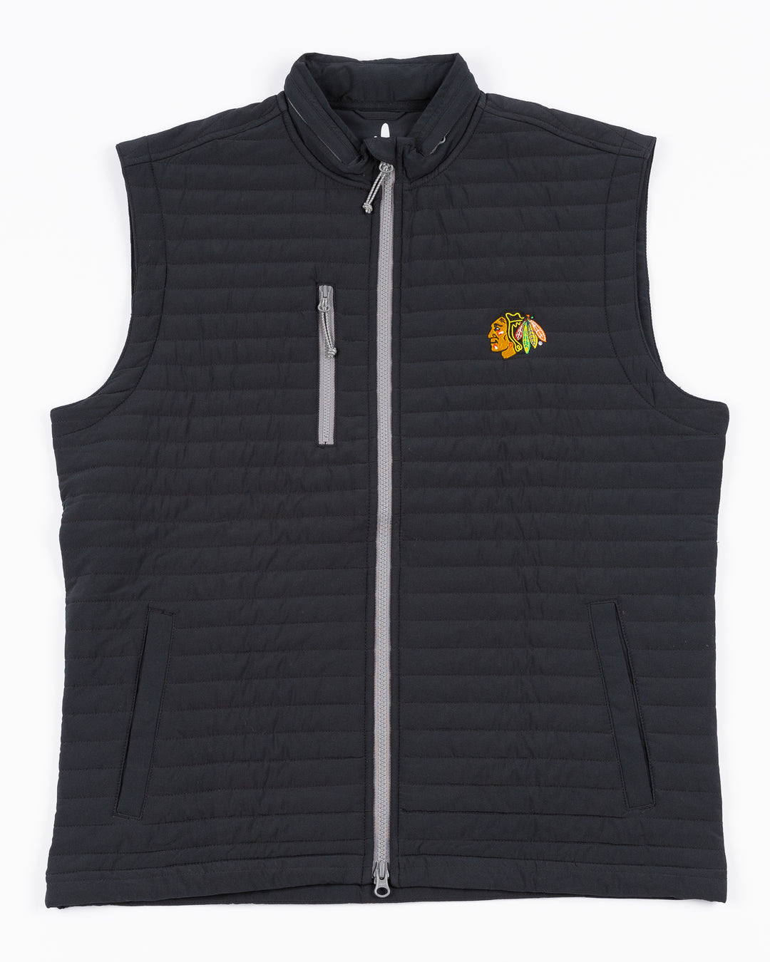 black johnnie-o full zip vest with Chicago Blackhawks primary logo on left chest - front lay flat