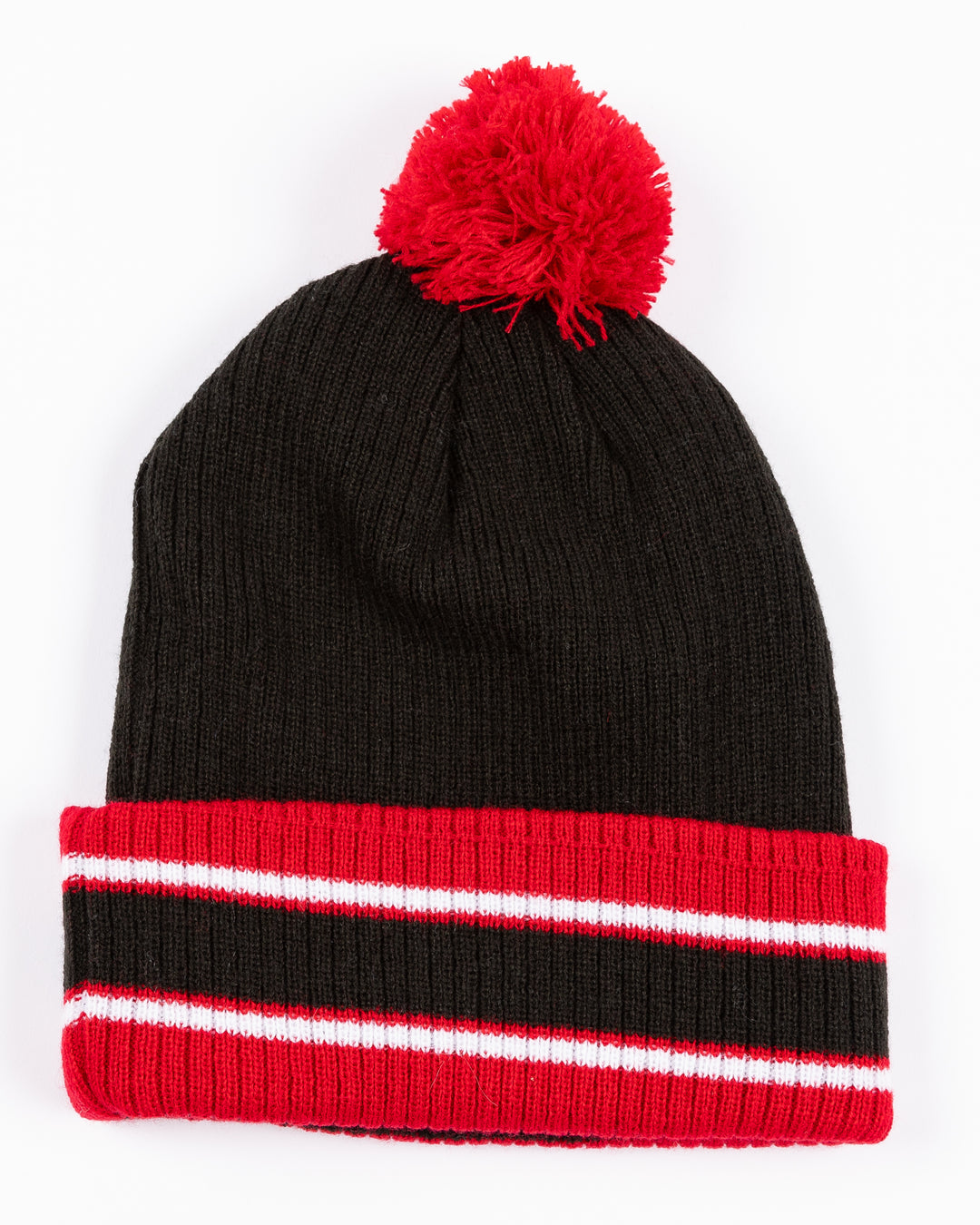 black and red infant knit beanie with red pom with Chicago Blackhawks mascot Tommy Hawk on front and primary logo on cuff  - back lay flat