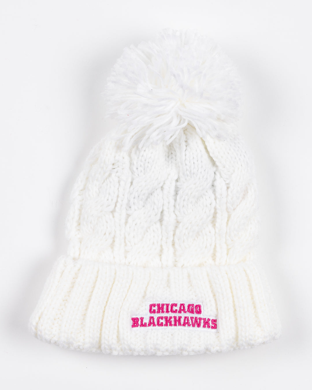 white Outerstuff youth knit hat with white pom and pink tonal Chicago Blackhawks primary logo embroidered on front - back lay flat