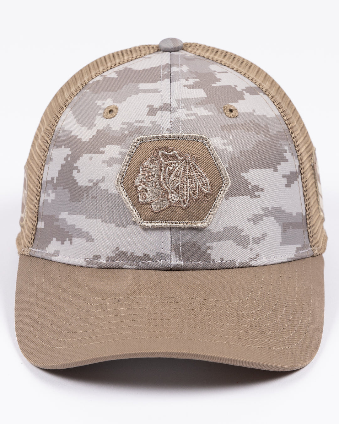 camo Colosseum OHT trucker snapback cap with Chicago Blackhawks primary logo patch embroidered on front - front lay flat