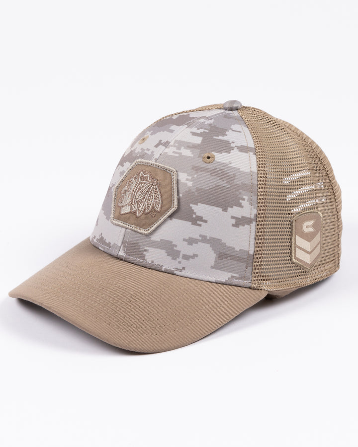 camo Colosseum OHT trucker snapback cap with Chicago Blackhawks primary logo patch embroidered on front - left angle lay flat