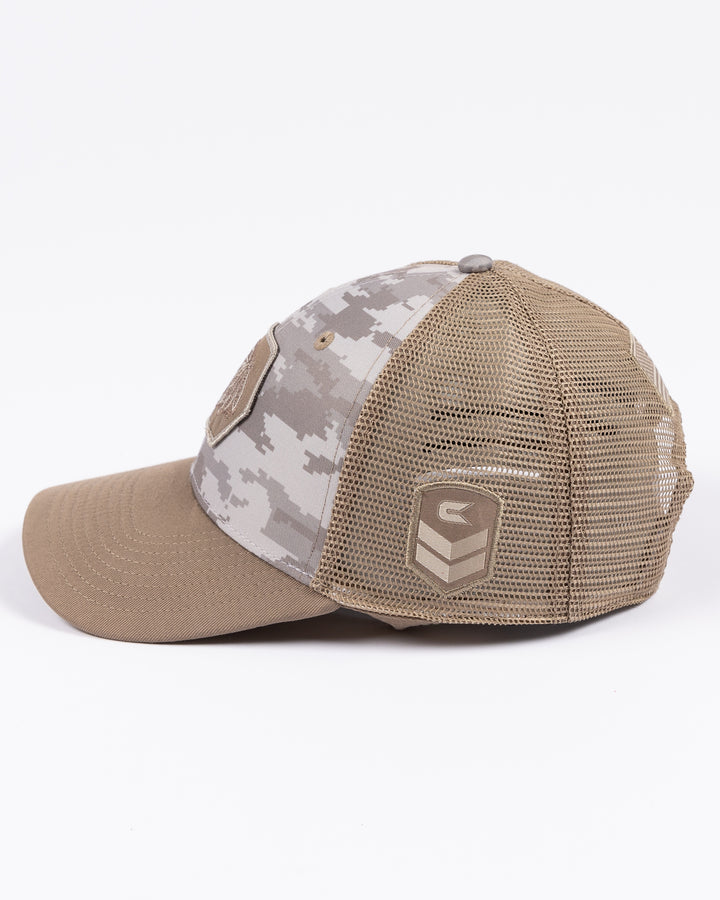 camo Colosseum OHT trucker snapback cap with Chicago Blackhawks primary logo patch embroidered on front - left side lay flat