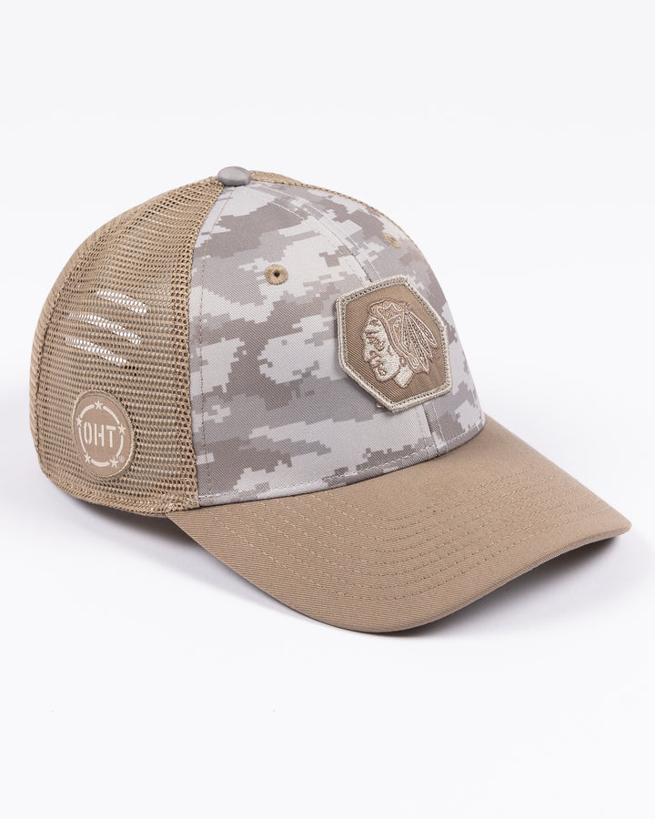 camo Colosseum OHT trucker snapback cap with Chicago Blackhawks primary logo patch embroidered on front - right angle lay flat