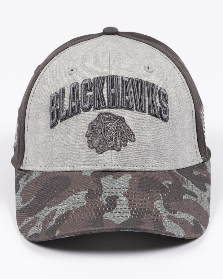 grey camo Colosseum OHT adjustable snapback hat with embroidered tonal Chicago Blackhawks wordmark and primary logo on front - front lay flat