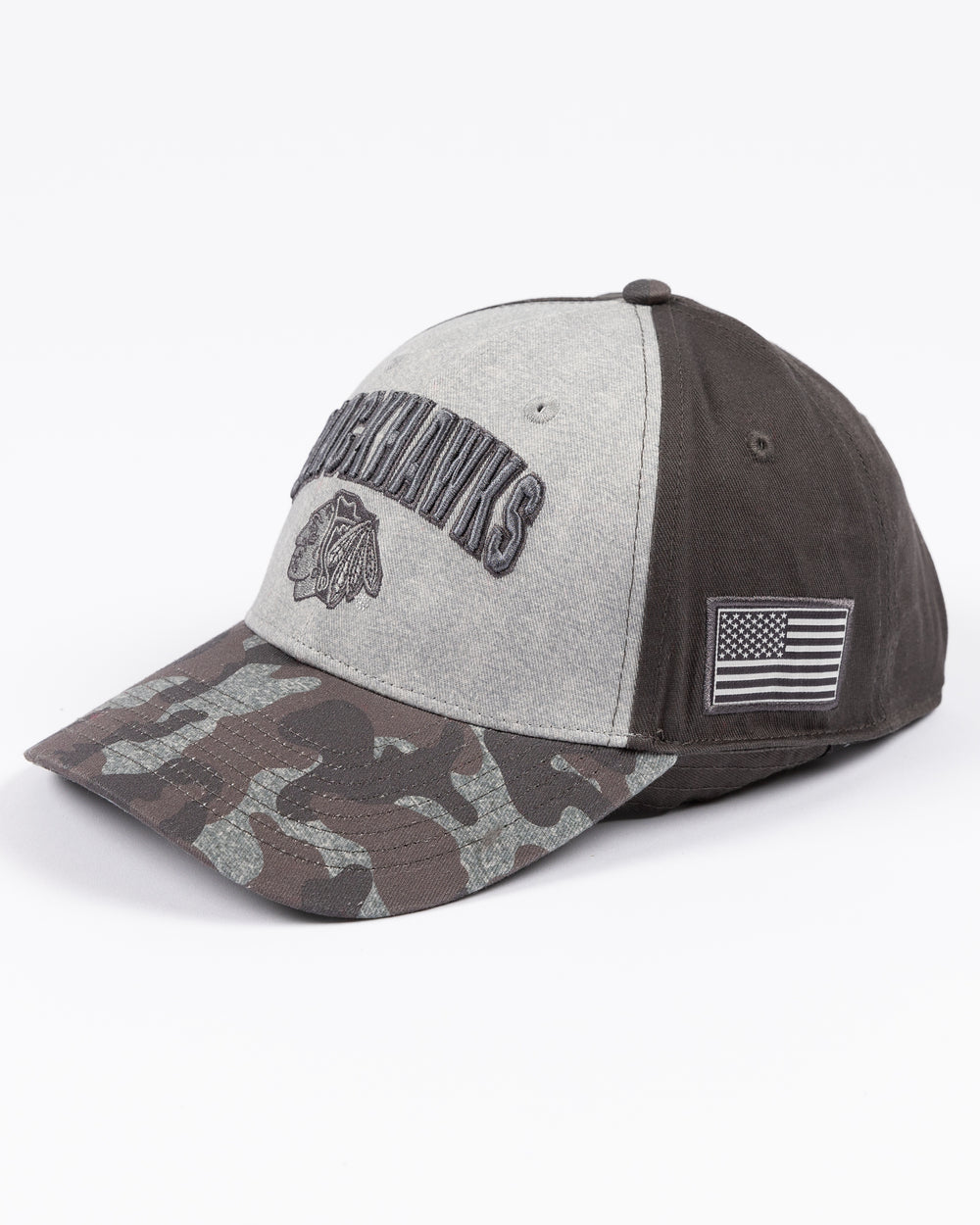 grey camo Colosseum OHT adjustable snapback hat with embroidered tonal Chicago Blackhawks wordmark and primary logo on front - left angle lay flat