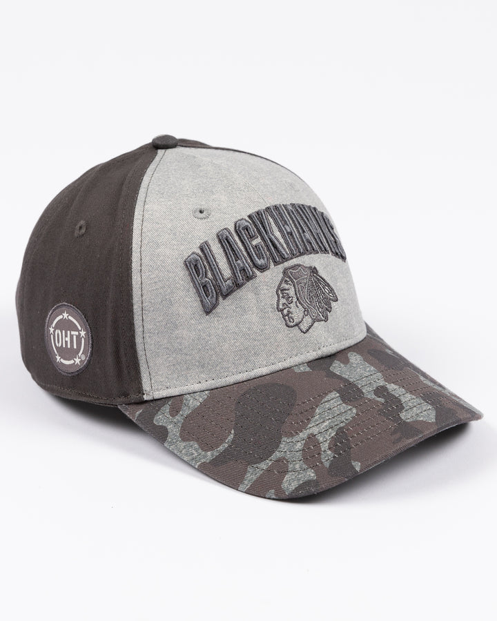 grey camo Colosseum OHT adjustable snapback hat with embroidered tonal Chicago Blackhawks wordmark and primary logo on front - right angle lay flat