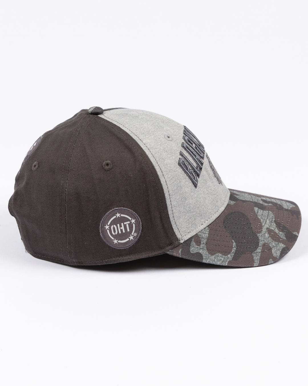 grey camo Colosseum OHT adjustable snapback hat with embroidered tonal Chicago Blackhawks wordmark and primary logo on front - right side lay flat