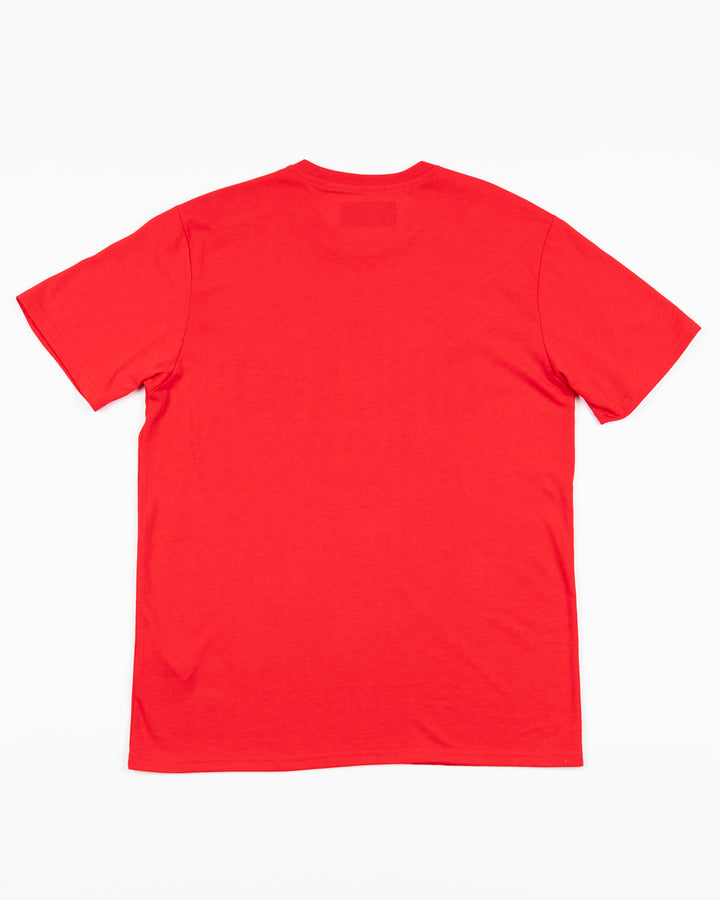 red CCM short sleeve tee with property of Chicago hockey wordmark and Chicago Blackhawks primary logo on front - back lay flat