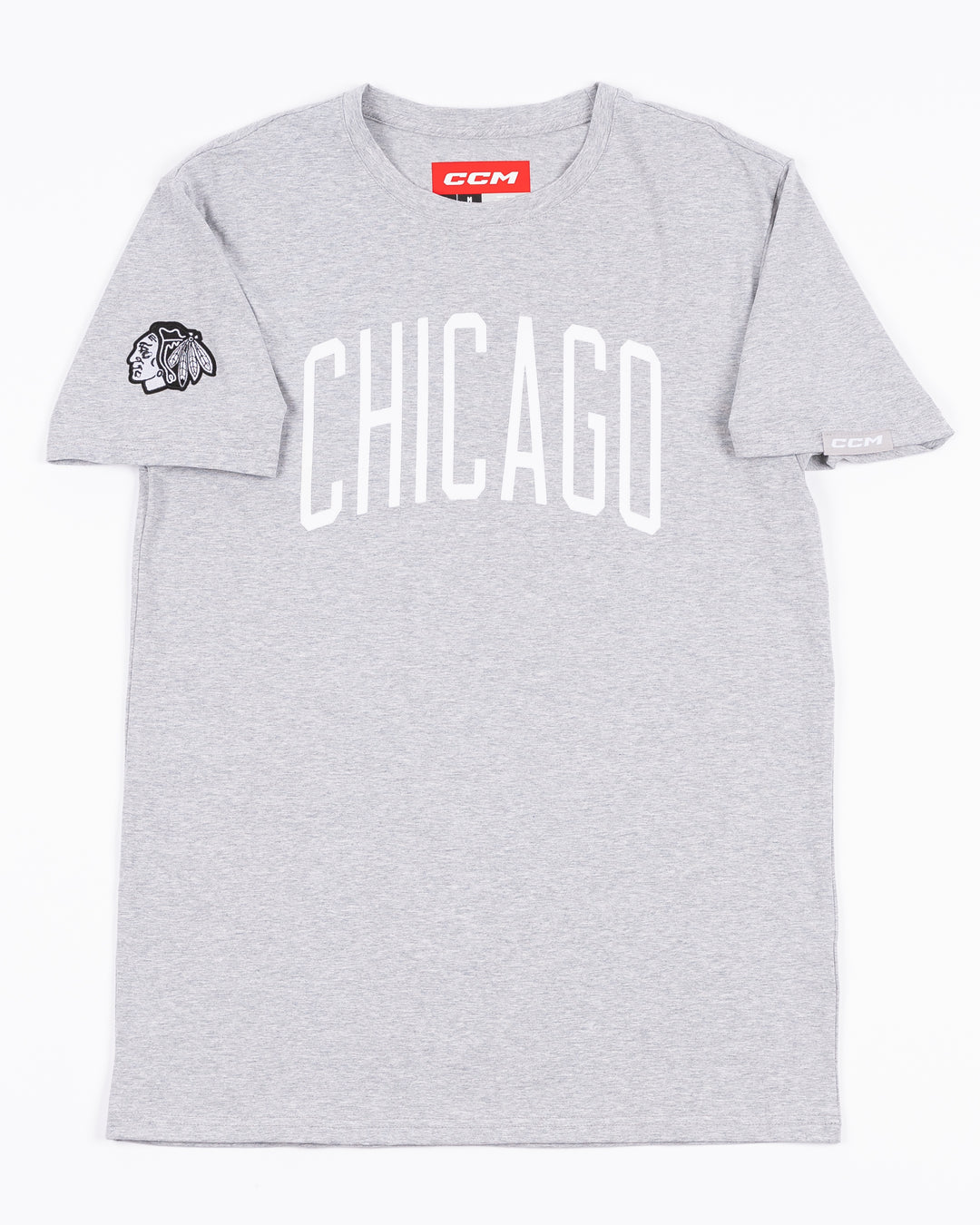 athletic grey CCM short sleeve tee with Chicago wordmark on front and tonal primary logo embroidered on right shoulder - front lay flat