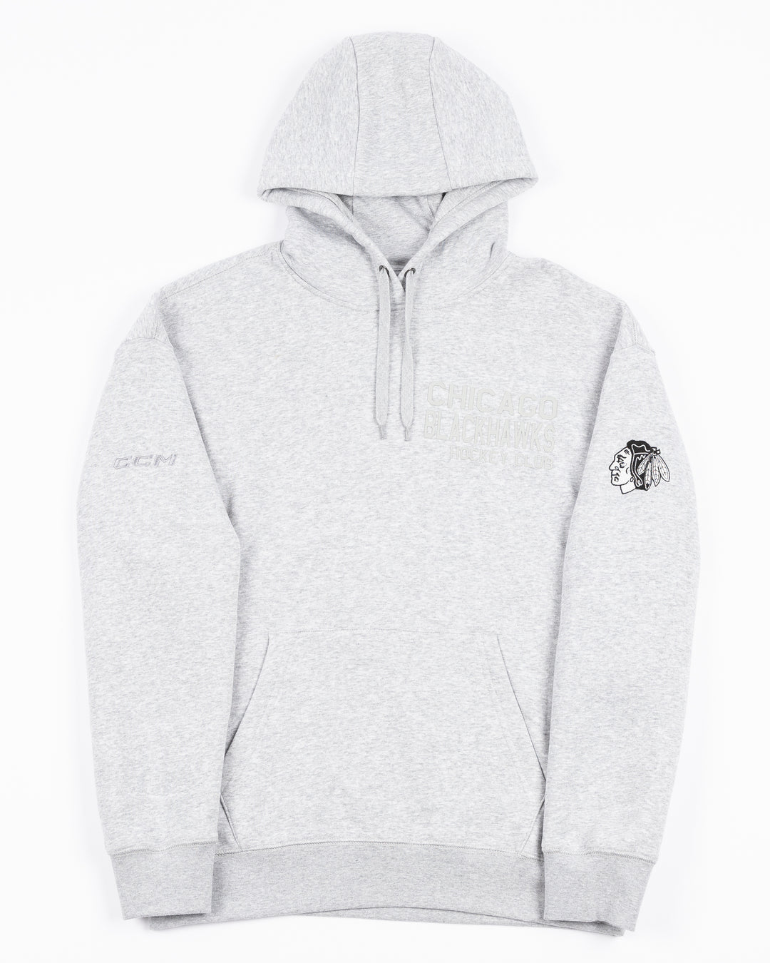 grey CCM hoodie with tonal Chicago Blackhawks Hockey wordmark on left chest and black and white Chicago Blackhawks primary logo on left shoulder - front lay flat