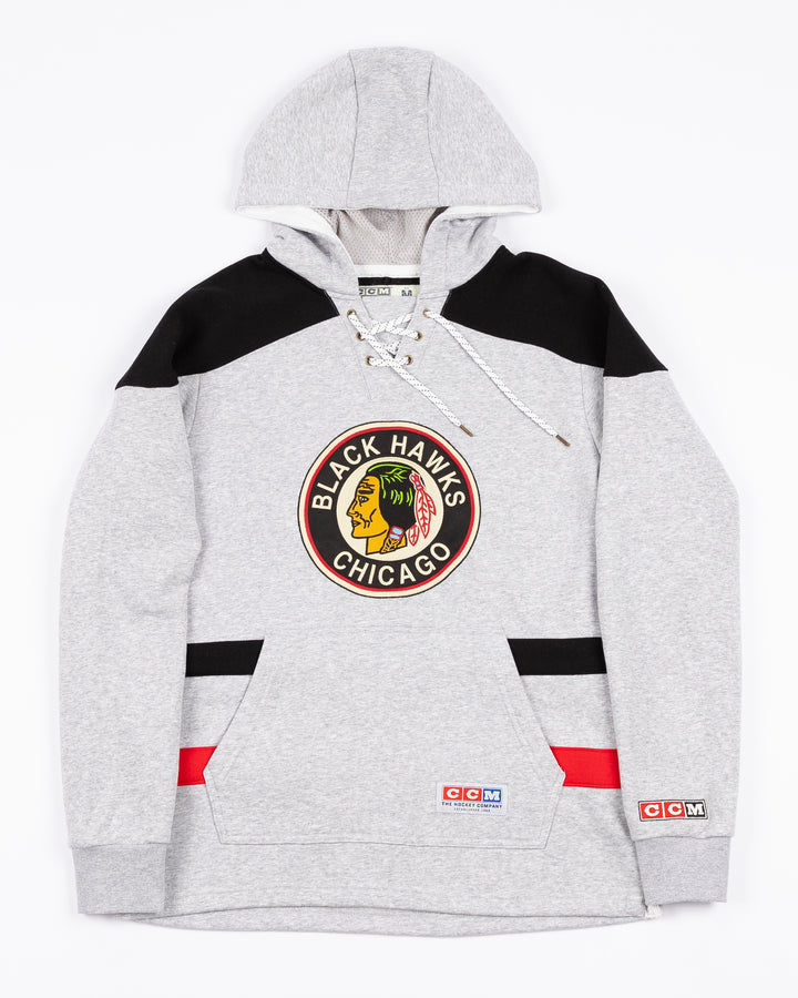 grey CCM jersey-inspired hoodie with vintage Chicago Blackhawks logo on front - front lay flat