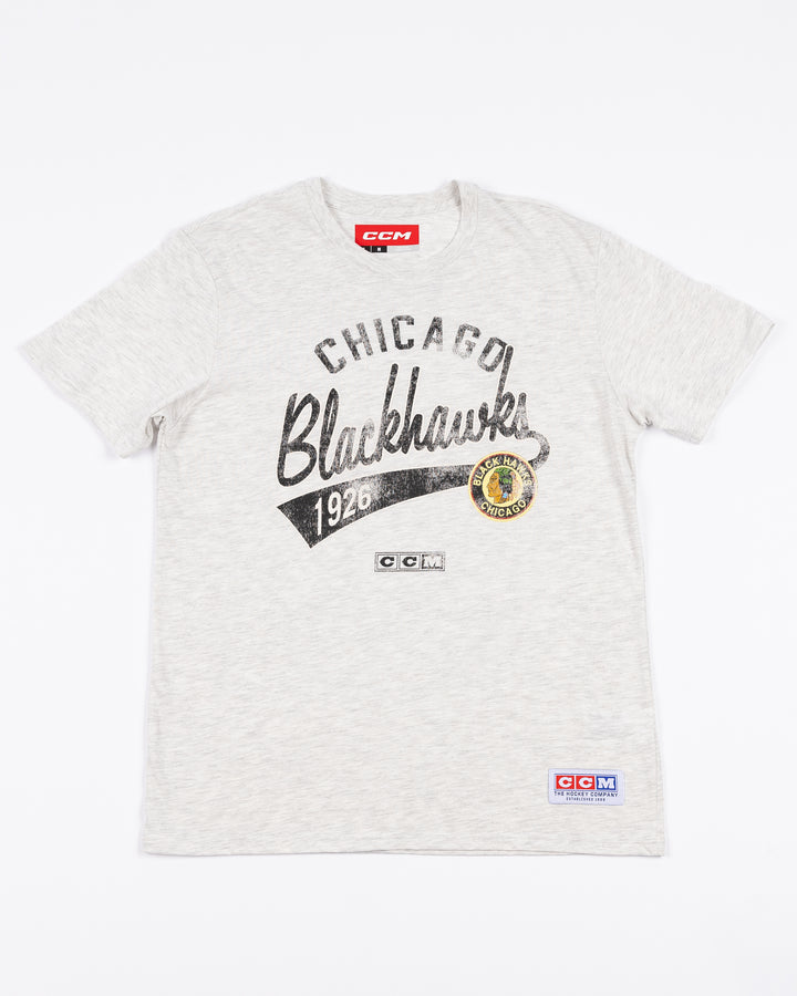 heather grey CCM short sleeve tee with vintage inspired Chicago Blackhawks wordmark and logo across front - front lay flat