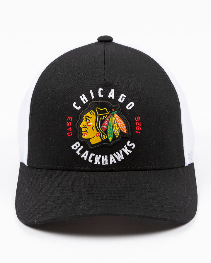 black and white CCM trucker cap with Chicago Blackhawks primary logo and wordmark on front - front lay flat