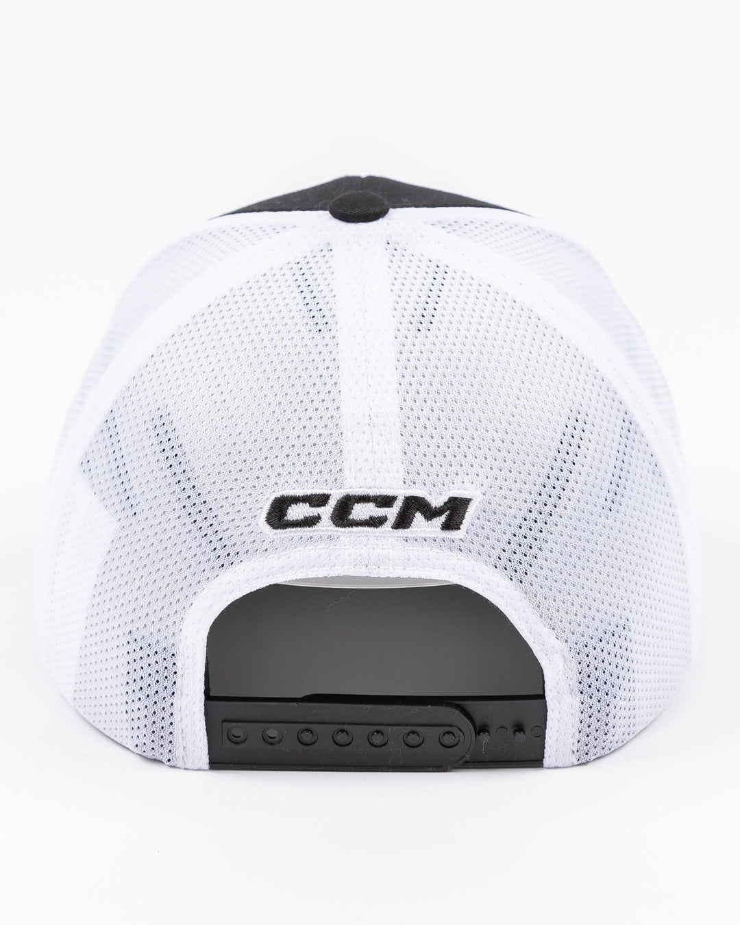 black and white CCM trucker cap with Chicago Blackhawks primary logo and wordmark on front - back lay flat