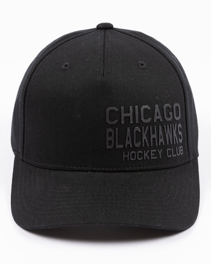 black CCM adjustable hat with Chicago Blackhawks Hockey Club tonal wordmark on front - front lay flat