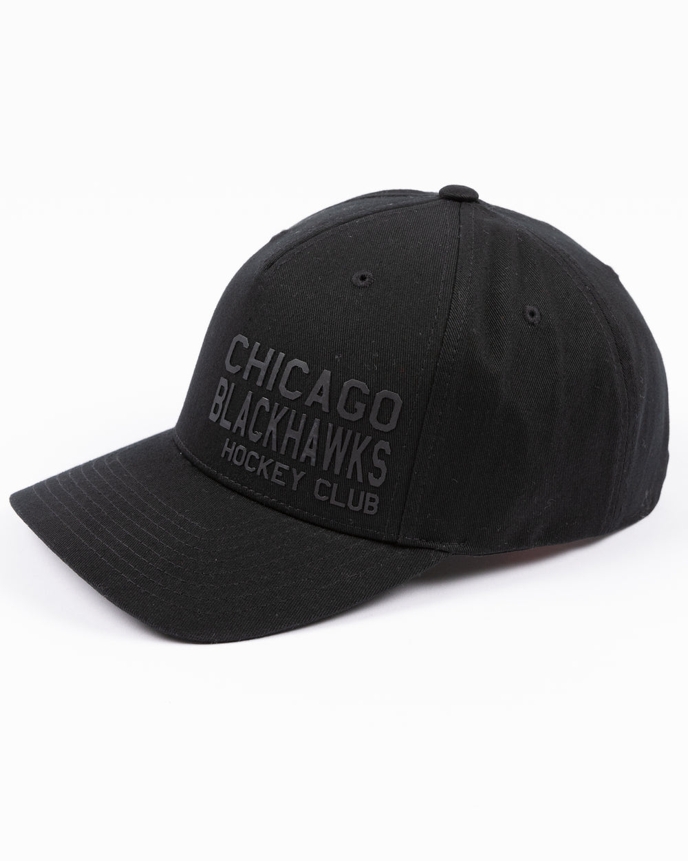 black CCM adjustable hat with Chicago Blackhawks Hockey Club tonal wordmark on front - left angle lay flat