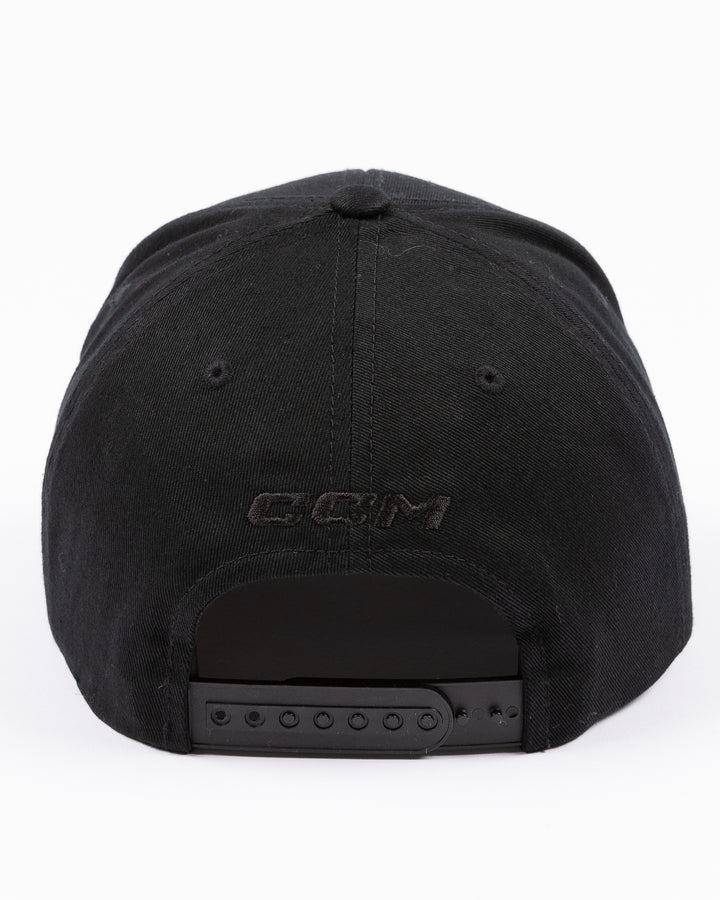 black CCM adjustable hat with Chicago Blackhawks Hockey Club tonal wordmark on front - back lay flat