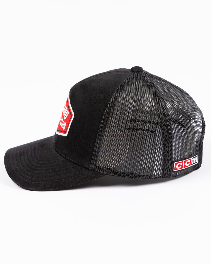 black CCM trucker hat with red Chicago Hockey Club patch embroidered on front - left side lay flat