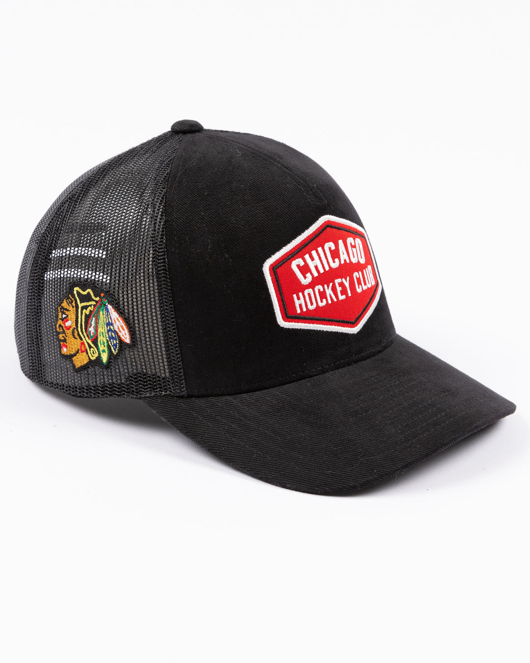 black CCM trucker hat with red Chicago Hockey Club patch embroidered on front - right angle lay flat