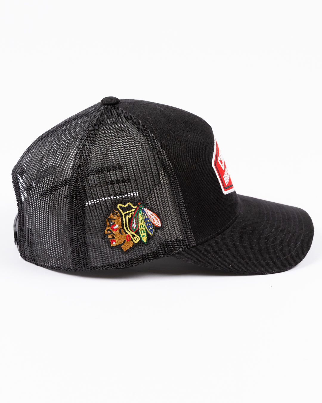 black CCM trucker hat with red Chicago Hockey Club patch embroidered on front - right side lay flat