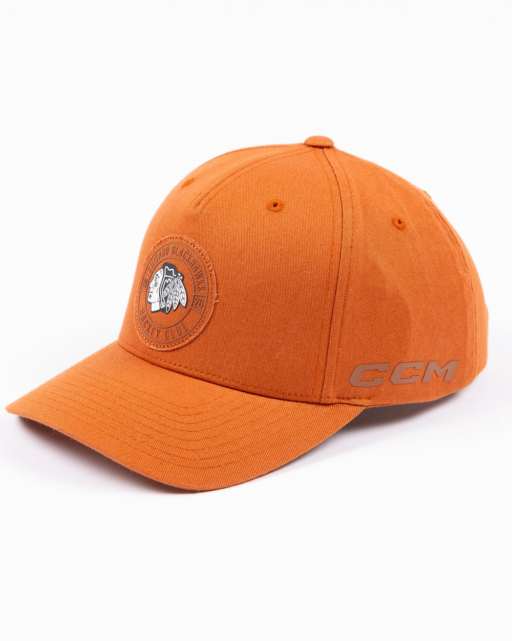 brown CCM adjustable hat with black and white Chicago Blackhawks primary logo surrounded by a tonal wordmark on the front - left angle lay flat