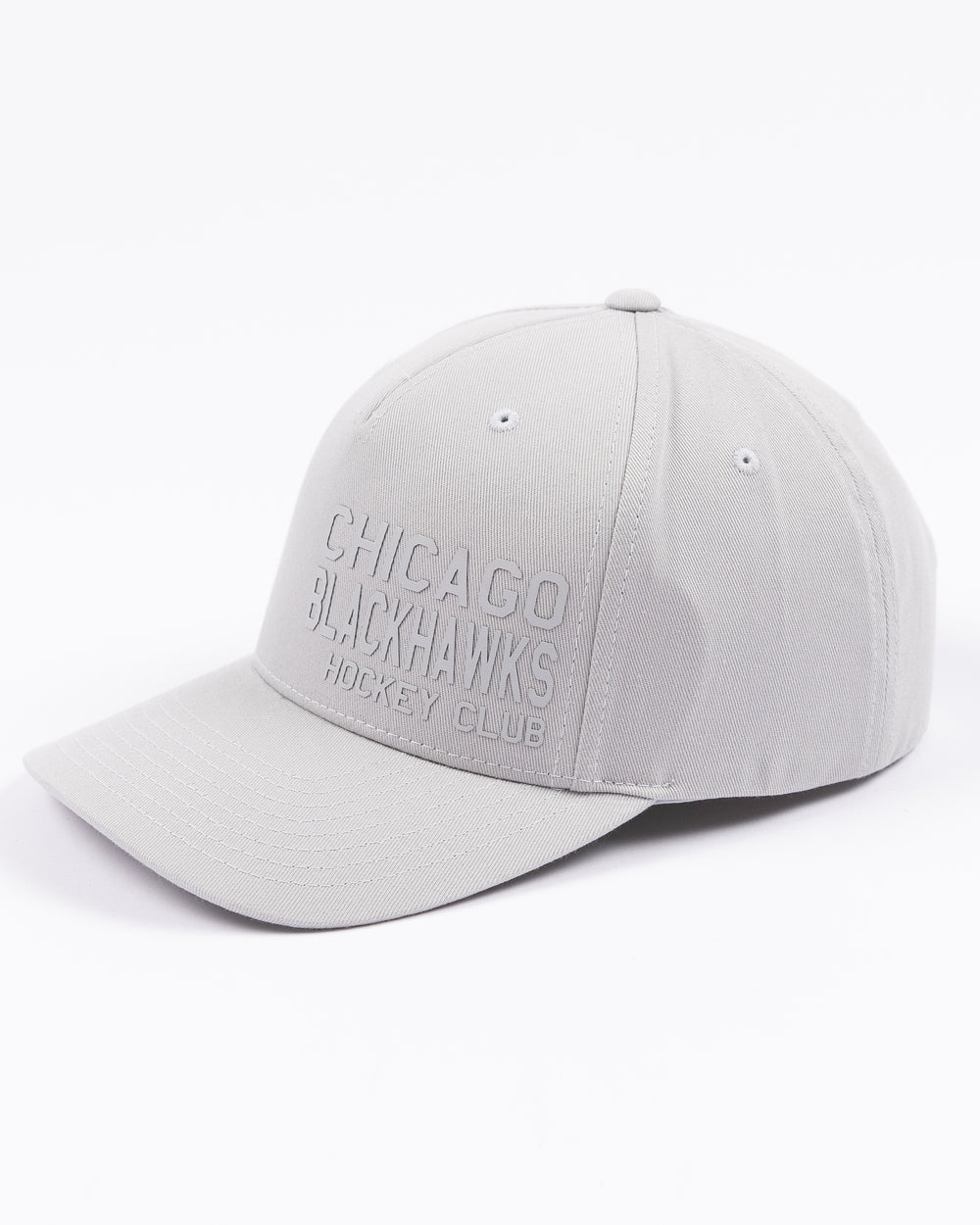 grey CCM adjustable hat with tonal Chicago Blackhawks Hockey Club wordmark on front - left angle lay flat