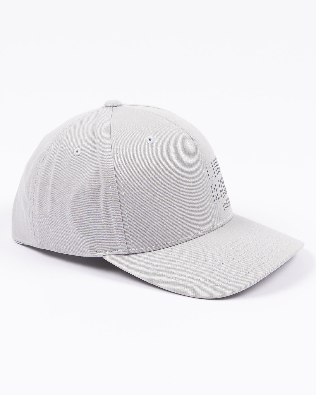 grey CCM adjustable hat with tonal Chicago Blackhawks Hockey Club wordmark on front - right angle lay flat