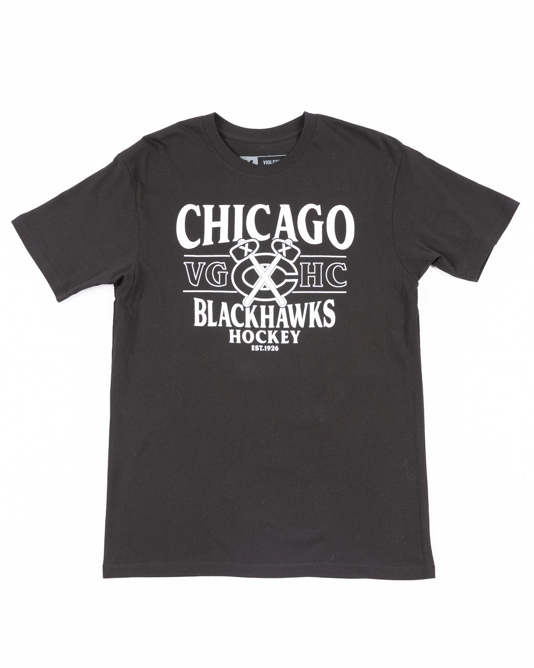 black short sleeve tee by VGHC with Chicago Blackhawks Hockey Club wordmark graphic on front - front lay flat