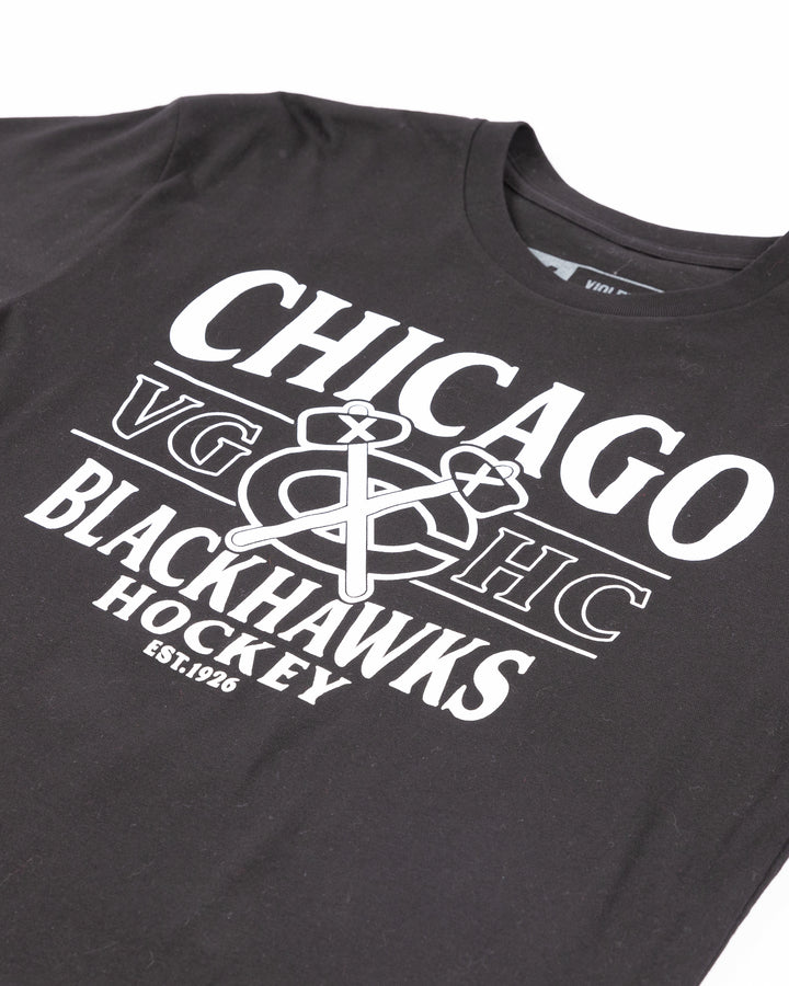 black short sleeve tee by VGHC with Chicago Blackhawks Hockey Club wordmark graphic on front - front detail  lay flat