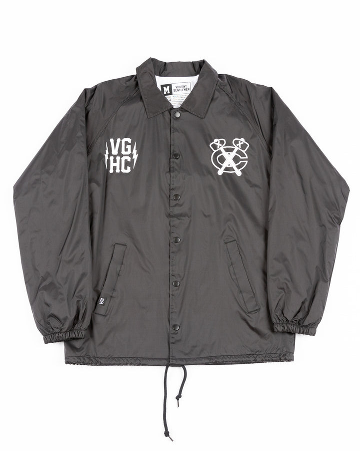 black VGHC x Chicago Blackhawks coaches jacket with logo hits on chest and back detail graphic - front lay flat