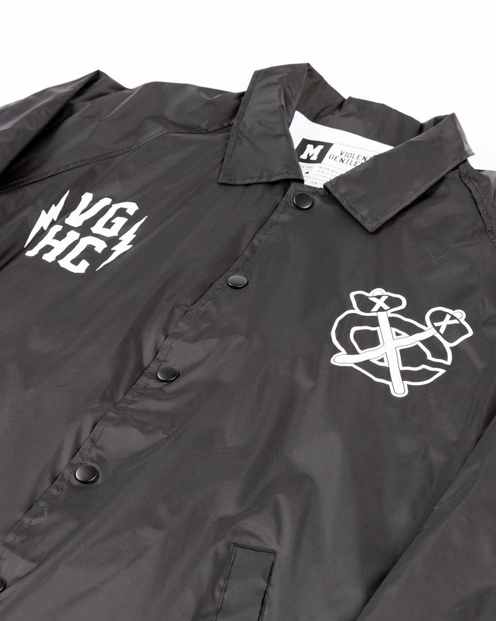 black VGHC x Chicago Blackhawks coaches jacket with logo hits on chest and back detail graphic - front detail lay flat