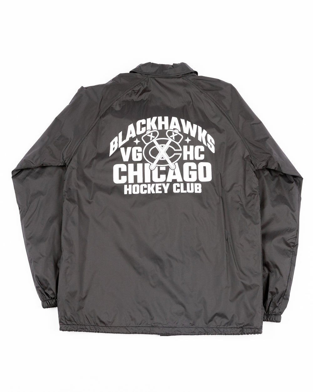 black VGHC x Chicago Blackhawks coaches jacket with logo hits on chest and back detail graphic - back lay flat